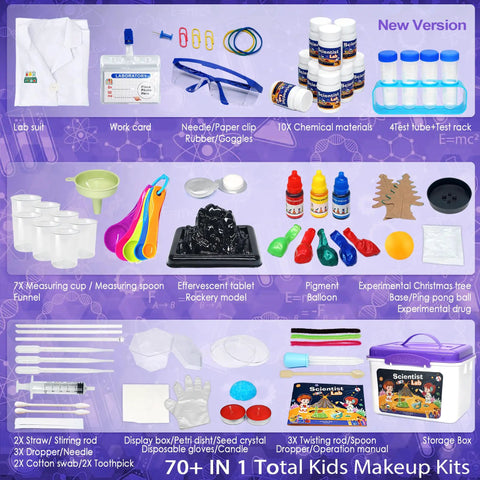 Ultimate Kids Science Kit With 56 Hands On Experiments, lab coat, goggles, test tubes, tools, and STEM materials in storage box