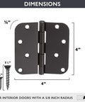Diagram of Matte Black 4x4 Inch Interior Door Hinges Set with screw sizes and 5/8 inch radius corners shown