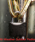 Close-up of All Weather Outdoor Padlock Set Keyed Alike, showing wet black cover on steel lock with brass shackle.