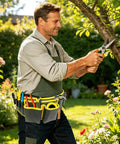 Gardener Tool Belt With Quick Access Pockets Portable Waist Bag for workshop and lawn care worn by man pruning tree