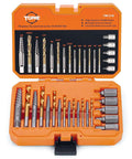 Front view of orange Topme 19-piece screw extractor and left-hand drill bit set in case with HSS bits