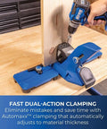 Top Shelf Pocket Hole Jig 720 Pro With Killer 20 Volt Cordless Drill Driver Combo Kit, showing dual-action clamping on wood.