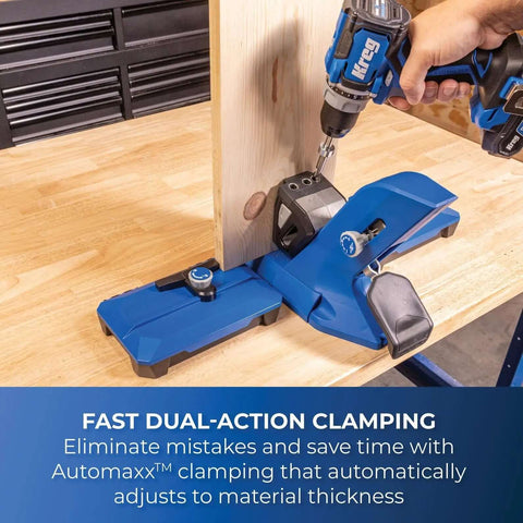 Top Shelf Pocket Hole Jig 720 Pro With Killer 20 Volt Cordless Drill Driver Combo Kit, showing dual-action clamping on wood.