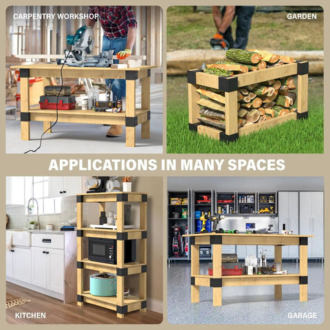 Applications of Heavy Duty 3 Way Right Angle Corner Bracket Set For 1.5x3.5 Inch Wood in workbenches, garden structures, and kitchen shelves