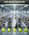 210W LED Linear High Bay Shop Light With Large Central Lighting Area 31500 Lumens in a warehouse setting