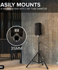 8 Inch Powered PA Speaker With 300 Watts, Ultra Portable 11-lb floor monitor on stand, shown with 35mm mounting detail.