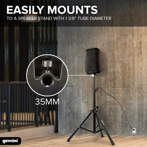 8 Inch Powered PA Speaker With 300 Watts, Ultra Portable 11-lb floor monitor on stand, shown with 35mm mounting detail.