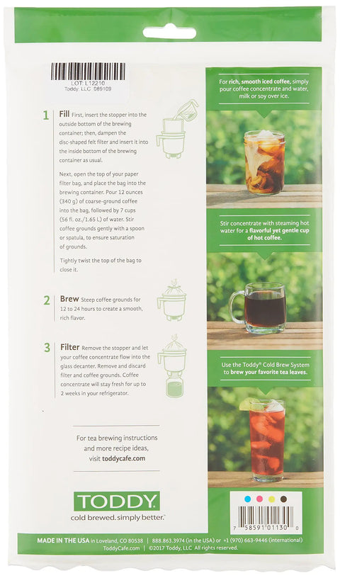 Back of package showcasing instructions for Natural Paper Filter Bags For Home Cold Brew System Pack Of 20 with iced coffee images.