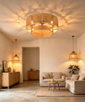 FUMLTP Boho Caged Ceiling Fans with Lights, Remote Control, Flush Mount in a modern living room with cozy decor.