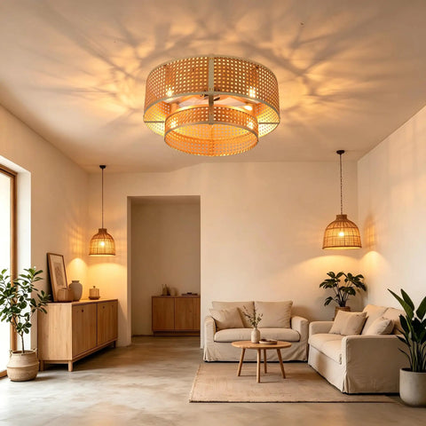 FUMLTP Boho Caged Ceiling Fans with Lights, Remote Control, Flush Mount in a modern living room with cozy decor.