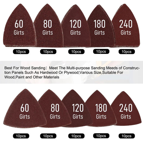Beefy Heavy Duty Oscillating Tool Sanding Pads Kit with grits from 60 to 240, triangle shaped for wood and plaster smoothing.