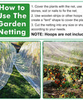 10x20 Garden Netting Bird Proof Insect Mesh covering vegetable garden showing installation guide and netting on plants