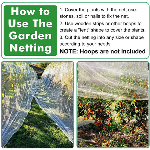 10x20 Garden Netting Bird Proof Insect Mesh covering vegetable garden showing installation guide and netting on plants