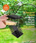 Double Suet Feeder For Outdoors Weatherproof All Metal Cage With Taller Grid Perch For Woodpeckers Easy To Clean And Refill Durable Black Bird Feeder For Outdoor Yards And Gardens in use, hands refilling suet