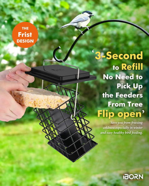 Double Suet Feeder For Outdoors Weatherproof All Metal Cage With Taller Grid Perch For Woodpeckers Easy To Clean And Refill Durable Black Bird Feeder For Outdoor Yards And Gardens in use, hands refilling suet