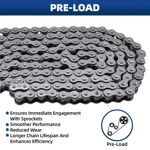 Beefed-Up Size 50 Roller Chain For Heavy Duty Machinery, 10 Foot Length With Free Connecting Links, enhancing lifespan and efficiency.