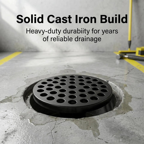 Solid 4.5 Inch Cast Iron Floor Drain Cover Round Heavy Duty Drain Strainer For Bathrooms And Patios Bombproof Grime Guard in installed position.