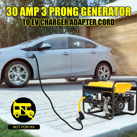 Straight Up Solid Nema L6 30P To 14 50R Ev Charger Adapter Cord connecting generator to electric vehicle for charging.
