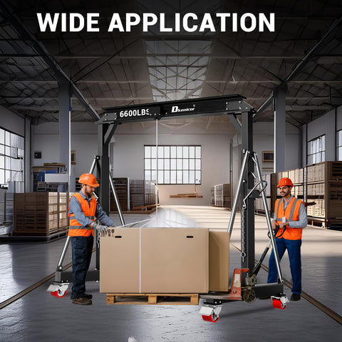 3 Ton Portable Gantry Crane With 8.53 Ft Wide Span And 8.53 To 12.47 Ft Adjustable Height Manual Trolley Lift System For Auto Shops Factories And Garages Heavy Duty Steel Construction Black lifting a large box in a warehouse setting.