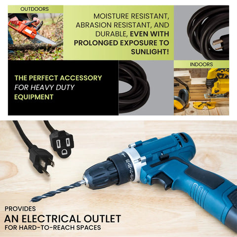 Beefy 15 Foot Outdoor Extension Cord 16/3 SJTW Black Weatherproof Contractor Grade Power Lead For Tools And Gear Moisture Resistant Abrasion Resistant Sunlight Durable with drill.
