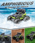 3-In-1 Amphibious RC Stunt Truck With Water Gun navigating water, off-road, and grass featuring waterproof design and rugged build.