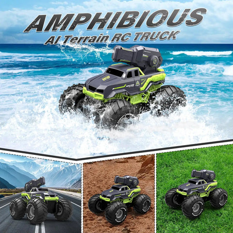 3-In-1 Amphibious RC Stunt Truck With Water Gun navigating water, off-road, and grass featuring waterproof design and rugged build.