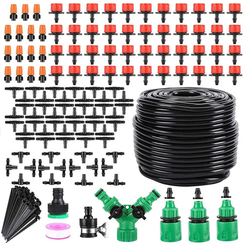 Drip Irrigation Kit For Garden With 1/4 And 1/2 Inch Fast-Lock Tubing No-Fuss Setup Adjustable Nozzles And Sprinklers Y Distributor 164FT Kit Water-Saving Lawn Garden Watering System