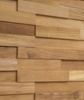 Close-up of Dope 3D Teak Wood Wall Panels Set Of 10 Handmade Planks For Modern Wall Decor, Natural Teak Finish