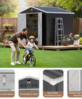 10x8 Foot Metal Outdoor Storage Shed With Lockable Doors, Weatherproof Backyard Tool Shed, black exterior, open doors in garden setting