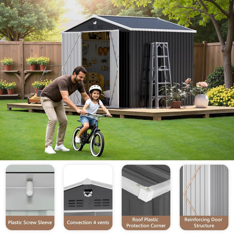 10x8 Foot Metal Outdoor Storage Shed With Lockable Doors, Weatherproof Backyard Tool Shed, black exterior, open doors in garden setting