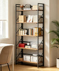 Sleek Five Tier Folding Bookshelf, Legit Heavy Duty Metal Frame And Vintage Wood Shelves, spacious with books and decor in room.