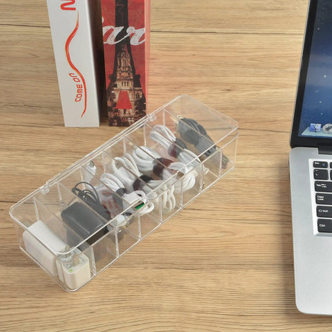 Clear Acrylic 8 Section Electronics Organizer Bin With Lid Cord Holder And 20 Reusable Cable Ties For Chargers Cables Headphones And Accessories For Desk Or Travel Use Keeps Cords Neat And Easy Access