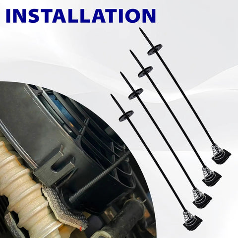 Universal Car Radiator Fan Mounting Kit With Clips And Zip Ties For Electric Hold Down Cooling Fan Mount Transmission Cooler Includes Mounting Rods Springs Clips And Foam Pads For DIY Install installation view with rods and clips close-up