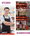 Retail clerk in store with shelves, warehouse racks with boxes and products showcasing 60 Pack Magnetic C Channel Label Holders For Metal Racks And Shelves, 3x1 Inches, With Protective Films And Replacement Strips, Easy Install, No Fuss Information Display For Organization, Retail, And Storage