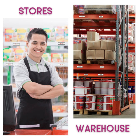 Retail clerk in store with shelves, warehouse racks with boxes and products showcasing 60 Pack Magnetic C Channel Label Holders For Metal Racks And Shelves, 3x1 Inches, With Protective Films And Replacement Strips, Easy Install, No Fuss Information Display For Organization, Retail, And Storage