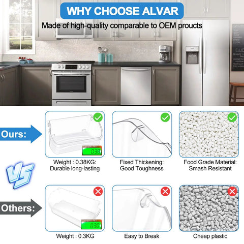 Kitchen with comparison chart showing Alvar's sturdy refrigerator door bin replacement, 13x7.25x3.25 inches, highlighting durability.