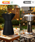 Rugged Waterproof Patio Heater Cover For Portable Tabletop Heaters 18-Inch By 25-Inch Fits COH-500 And Similar Infrared Heaters Tear Resistant Oxford Cloth Keeps Your Outdoor Heater Dry And Ready For Action covering outdoor heater on patio table with autumn leaves.