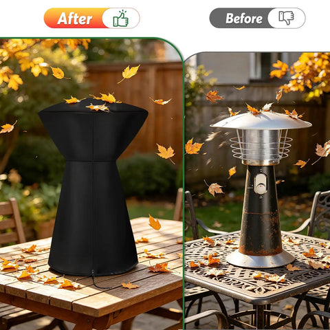 Rugged Waterproof Patio Heater Cover For Portable Tabletop Heaters 18-Inch By 25-Inch Fits COH-500 And Similar Infrared Heaters Tear Resistant Oxford Cloth Keeps Your Outdoor Heater Dry And Ready For Action covering outdoor heater on patio table with autumn leaves.