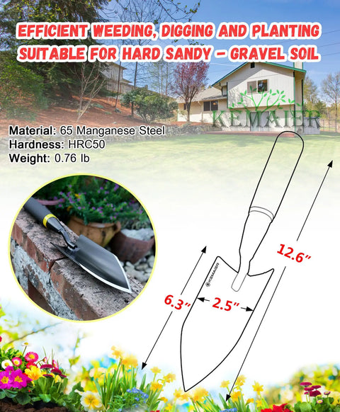 Rugged Heavy Duty Gardening Hand Trowel With Carbon Steel Blade And Rubberized Ergonomic Handle, Quenched 65 Manganese Steel