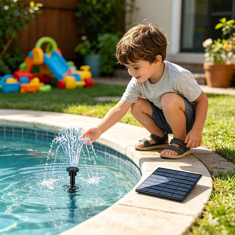 Child playing by pool with Sun Powered Pond Pump Kit With 1.5W Silent Motor, 200L High Flow Rate