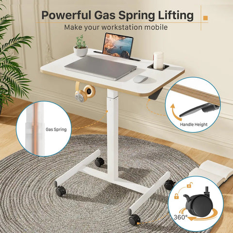 Mobile Standing Desk On Wheels For Home Office Adjustable Height Rolling Laptop Cart With Cup Holder 28 Inch Portable Table