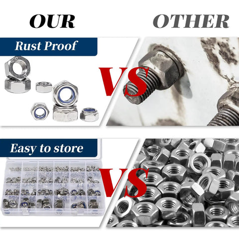 Comparison of Top Shelf Hex Nuts Assortment Kit 276 Piece Metric Hardware Set In 304 Stainless Steel with rust-proof design.