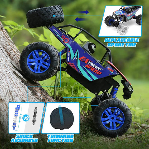 Large 1:8 Scale Monster Truck RC Car For Adults And Teens climbing a tree, showing off-road capability and replaceable spare tire.