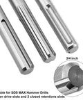 Three 11-inch SDS Max masonry drill bits, close-up view, for hammer drills with open and closed drive slots