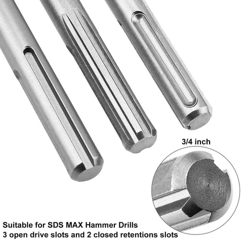 Three 11-inch SDS Max masonry drill bits, close-up view, for hammer drills with open and closed drive slots