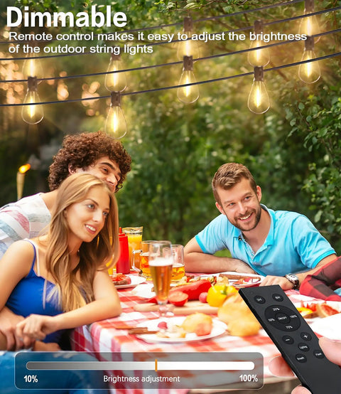 People enjoying outdoor dinner with 200 Ft LED Outdoor String Lights With Remote 74 Plus 2 Shatterproof Bulbs Dimmable Timer And 3 Modes.
