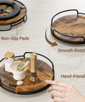 9 Inch Wooden Lazy Susan Organizer with 360 Degree Rotation for Table Top Cabinet Kitchen Pantry Countertop and Bathroom Vanity Spice Rack Turntable displayed with spices and hand showcasing rotation