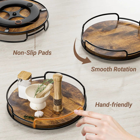 9 Inch Wooden Lazy Susan Organizer with 360 Degree Rotation for Table Top Cabinet Kitchen Pantry Countertop and Bathroom Vanity Spice Rack Turntable displayed with spices and hand showcasing rotation