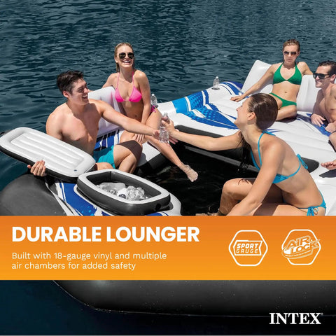 Group enjoying Blue Tropic Inflatable Five Person Pool Island Lounge Raft With Backrests Built In Cooler And Four Cupholders