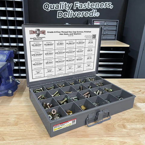 Heavy Duty Fine Thread Grade 8 Hex Bolts, Finished Hex Nuts, SAE Flat Washers and Split Lock Washers in 24 compartment tray